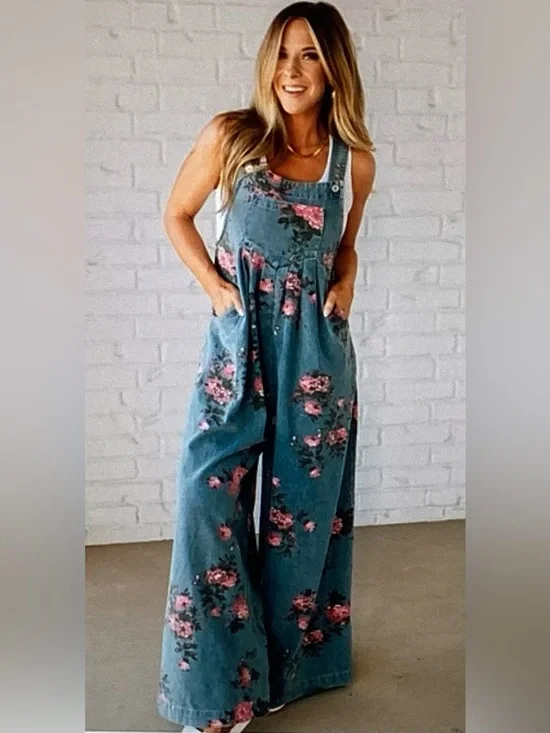 BiBi Blue Floral Denim Jumpsuit with Pink Roses - Picture 1 of 8